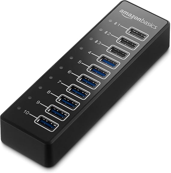 Amazon Basics USB Hub USB-A 3.1 Hub with 10 Ports and Power Adapter - 65W (20V / 3.25A) - Black