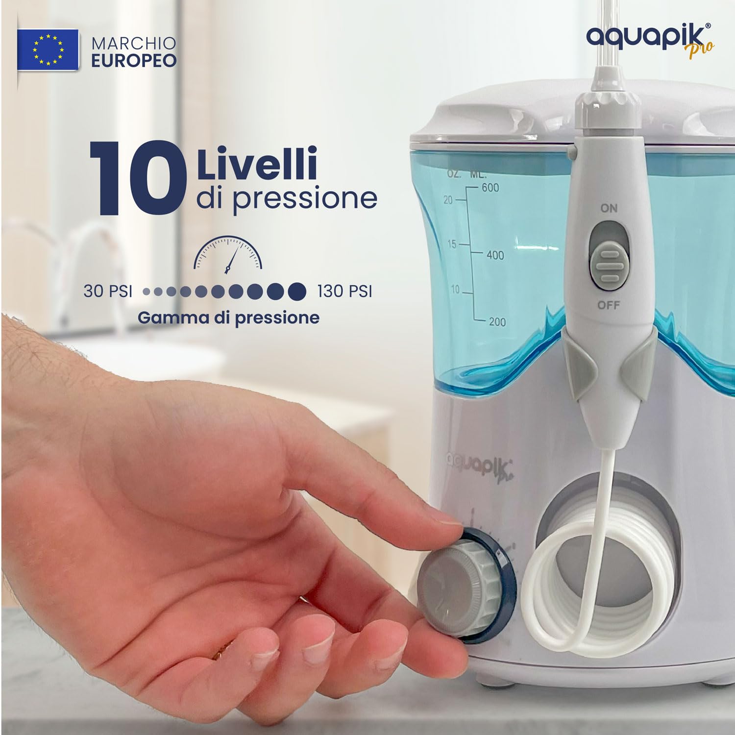 Idropulsore Dentale Aquapik PRO | Irrigatore Orale Professionale 10 Livelli Pressione | Idropulsore Dentale Elettrico con 8 Ugelli + 600 ml Impermeabile (Bianco)