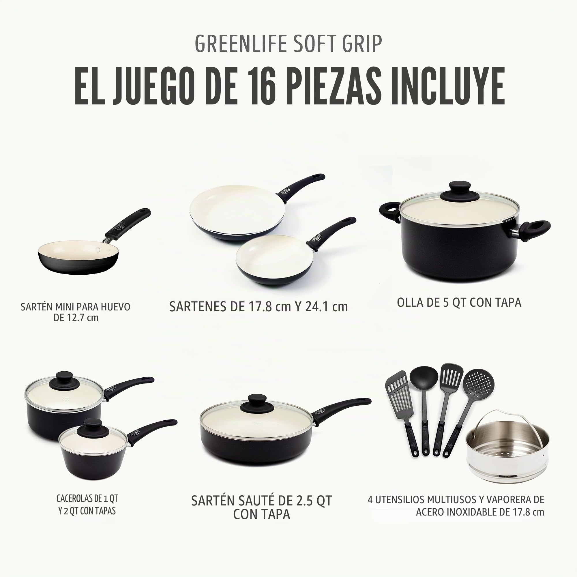 GreenLife Soft Grip Juego de 16 Ollas y Sartenes de Cerámica Antiadherente, Incluye Sartén, Cacerola y Cazo, Sin PFAS, Apto para Lavavajillas, Apto para Horno, Negro y Crema