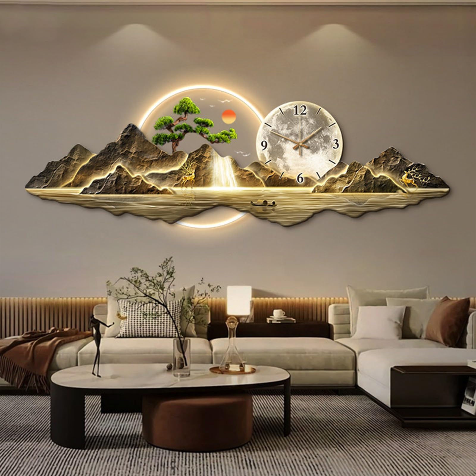 Decoración Mural 3D Con Luces LED, Reloj De Pared Creativo, Pintura Moderna En Cristal, Escultura De Paisaje Grande, Decoración Elegante Para Sala Comedor Pared(A,105 * 35cm/41.3 * 13.8in)
