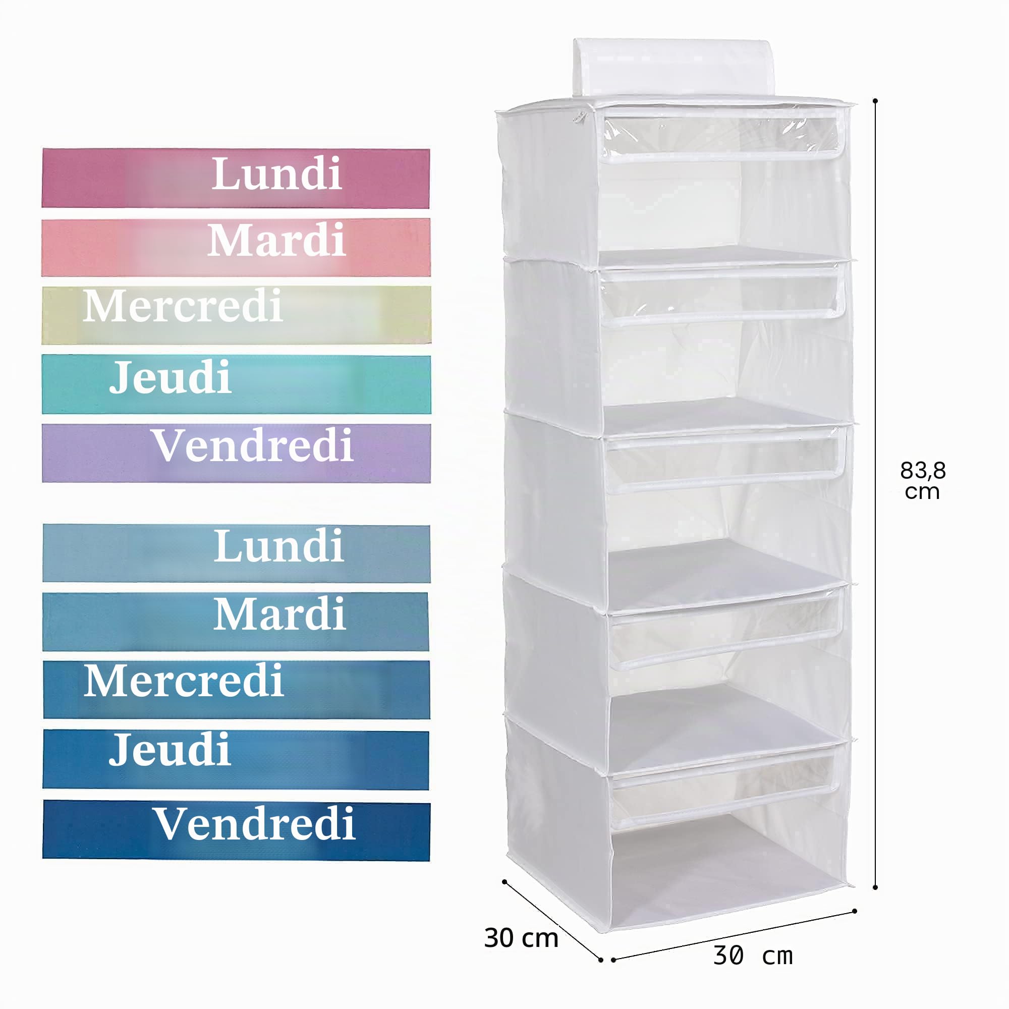 Three Sweet Peas Co Organiseur de vêtements hebdomadaire à 5 étagères pour enfants (83,8 cm), jour de la semaine, du lundi au vendredi, blanc