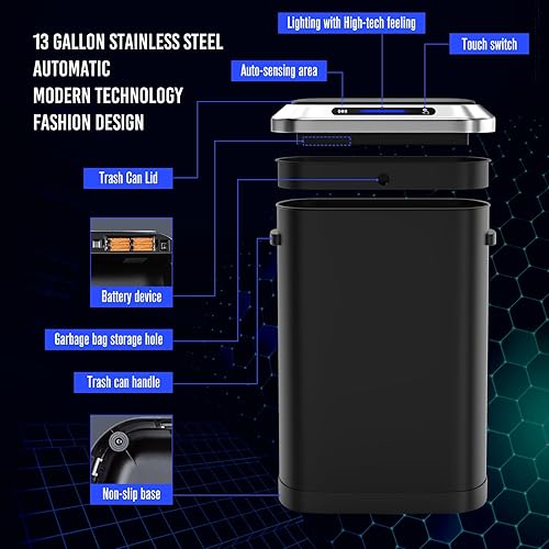 Miniatura 5 de pouseayar Bote de basura inteligente de acero inoxidable de 13 galones de 50 litros con sensor de movimiento, tapa súper silenciosa y 30 bolsas de