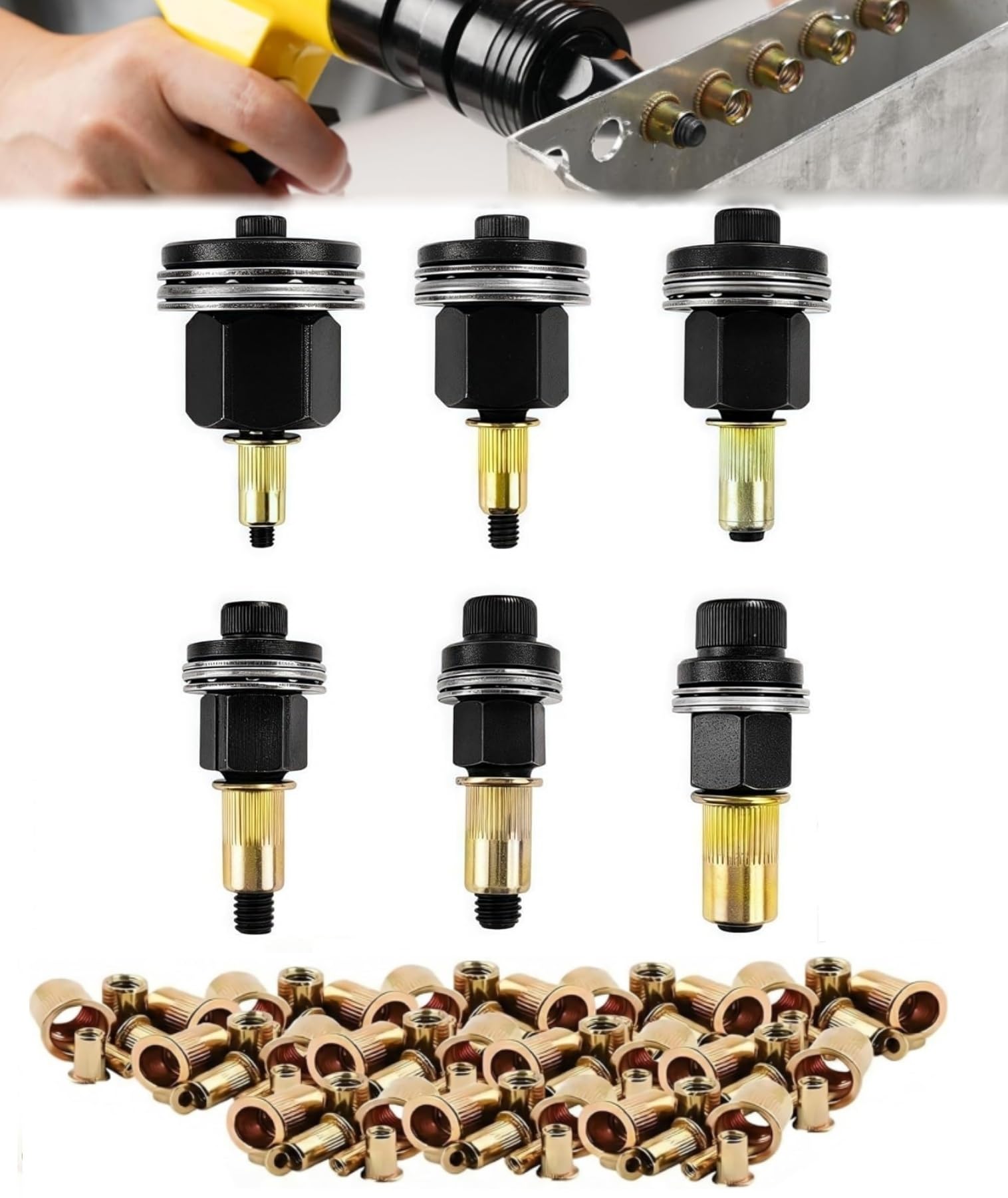 186 Piezas de Remaches Roscados Kit | Remachadora Manual de Tuercas M3-M10 | Incluye 6 Cabezales y 180 Tuercas de Acero al Carbono | para Remachar para Automoción, Taller y Bricolaje