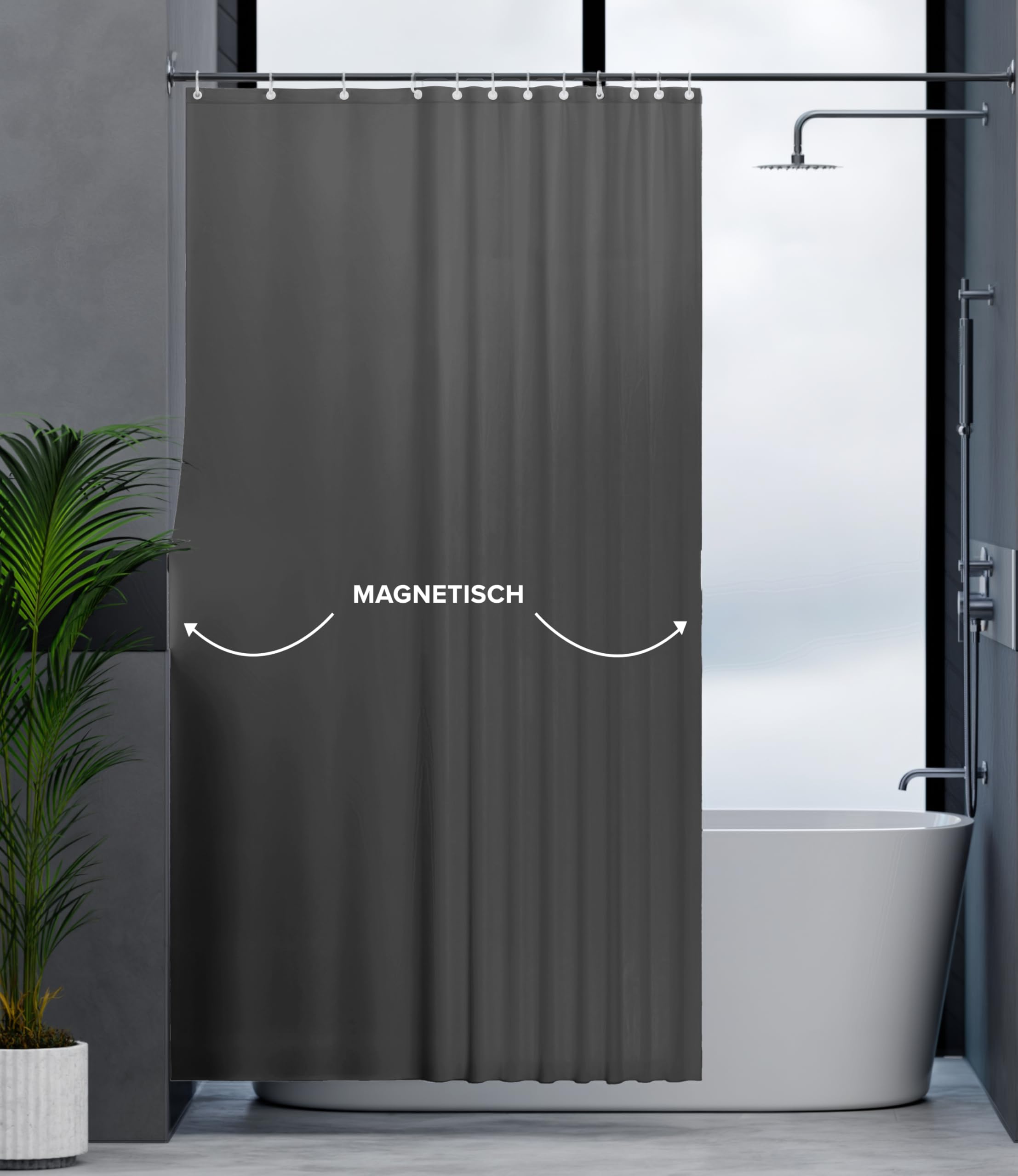 Cortina de ducha magnética Elgafossen gris, lavable, secado rápido, antimoho, 180 x 200 cm, cortina opaca para bañera o ducha