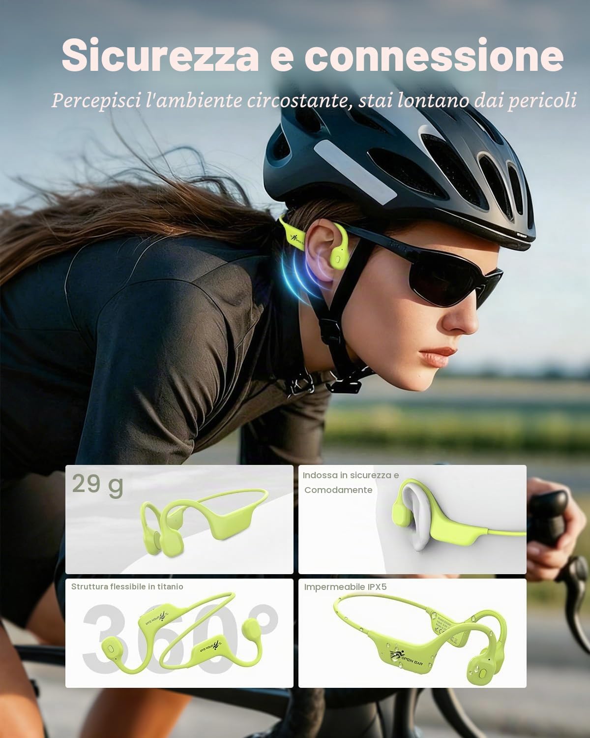 ANSTEN Cuffie Conduzione Ossea, 2025 Auricolari Conduzione Ossea Bluetooth 5.3, Ricarica Rapida USB-C, IPX5 Impermeabile, Cuffie Sportive Open Ear per Running, Sport, Ciclismo e Fitness(Verde)