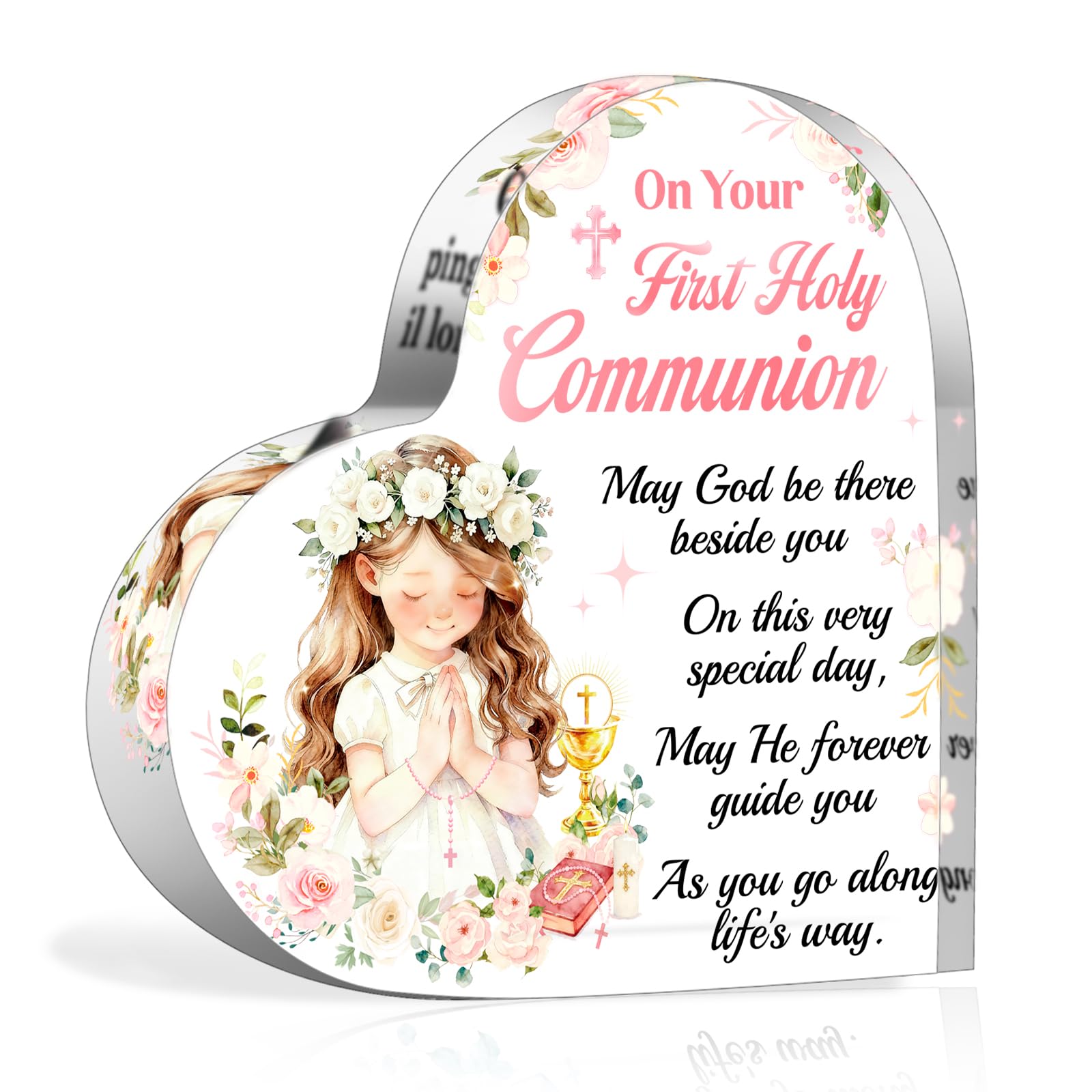 HOWAF First Holy Communion Gifts for Girls, Heart-Shaped Acrylic Plaque Keepsake for Table Decorations, 1st Holy Communion Gifts for Girls, Goddaughter, Daughter, Granddaughter