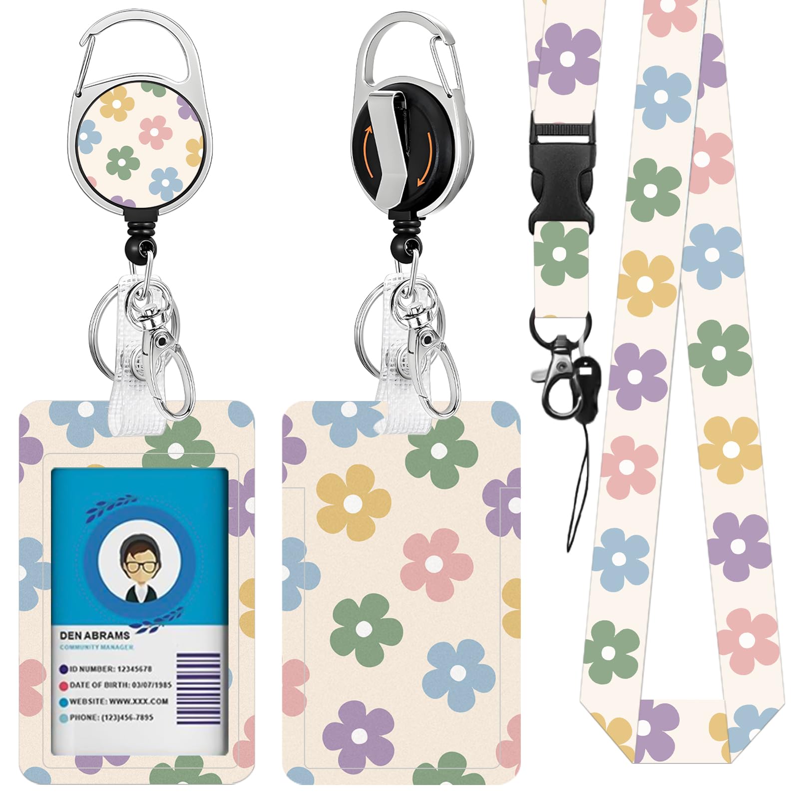 Flower Lanyards for ID Badge, ID Badge Holder with Retractable Reel clipand Keychain, Vertical Identity Badge Cover Case Protectorwith Name Tag for Student Teacher Nurse Women Men — image 1