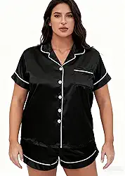 Pijama feminino de cetim de 2 peças, gola cubana e lapela, conjunto de pijama respirável e confortável para dormir, férias, casa, Preto, G