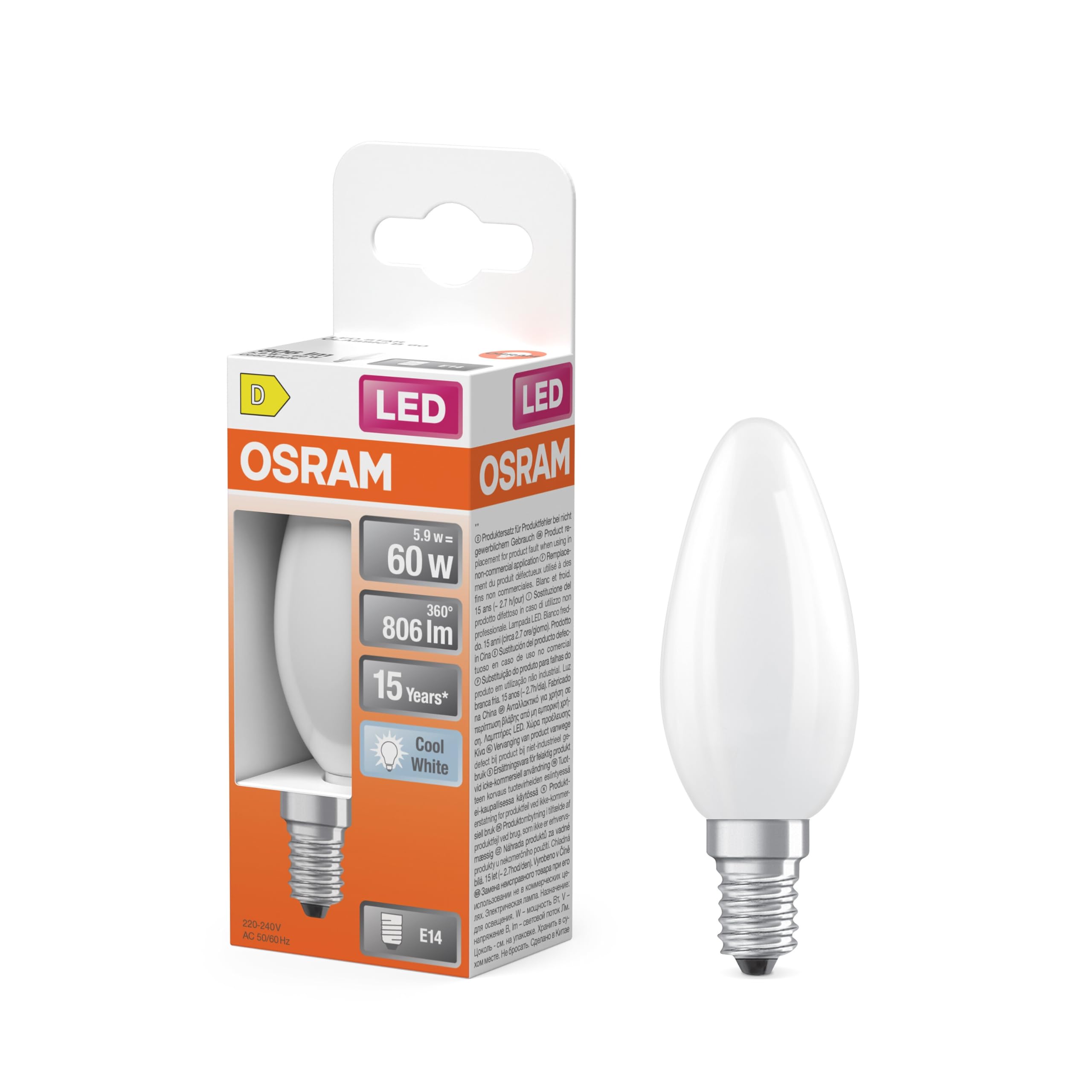 Osram LED Star Classic LED-lamp in klassischer Minikerzenform, weiß, kaltweißes Licht (4000 K) mit 5.5W / 806 lm, aus gefrostetem bleifreiem Glas, E14 sockel, IP20, EEK D, 35 mm Durchmesser.