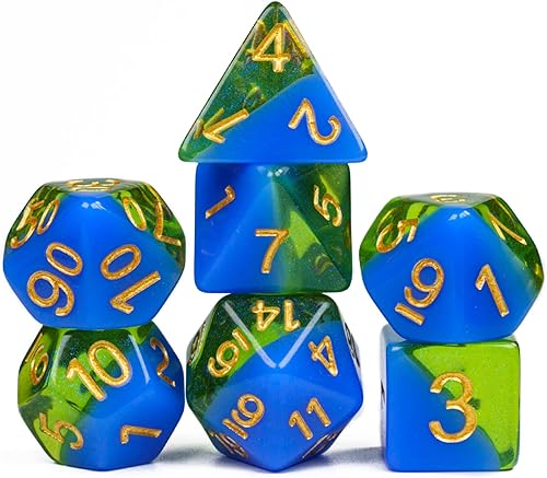 Miniatura 2 de UDIXI Juego de 7 dados poliédricos con purpurina, dados DND para Calabozos y Dragones, dados D&D para RPG MTG y otros juegos de mesa (azul + verde)