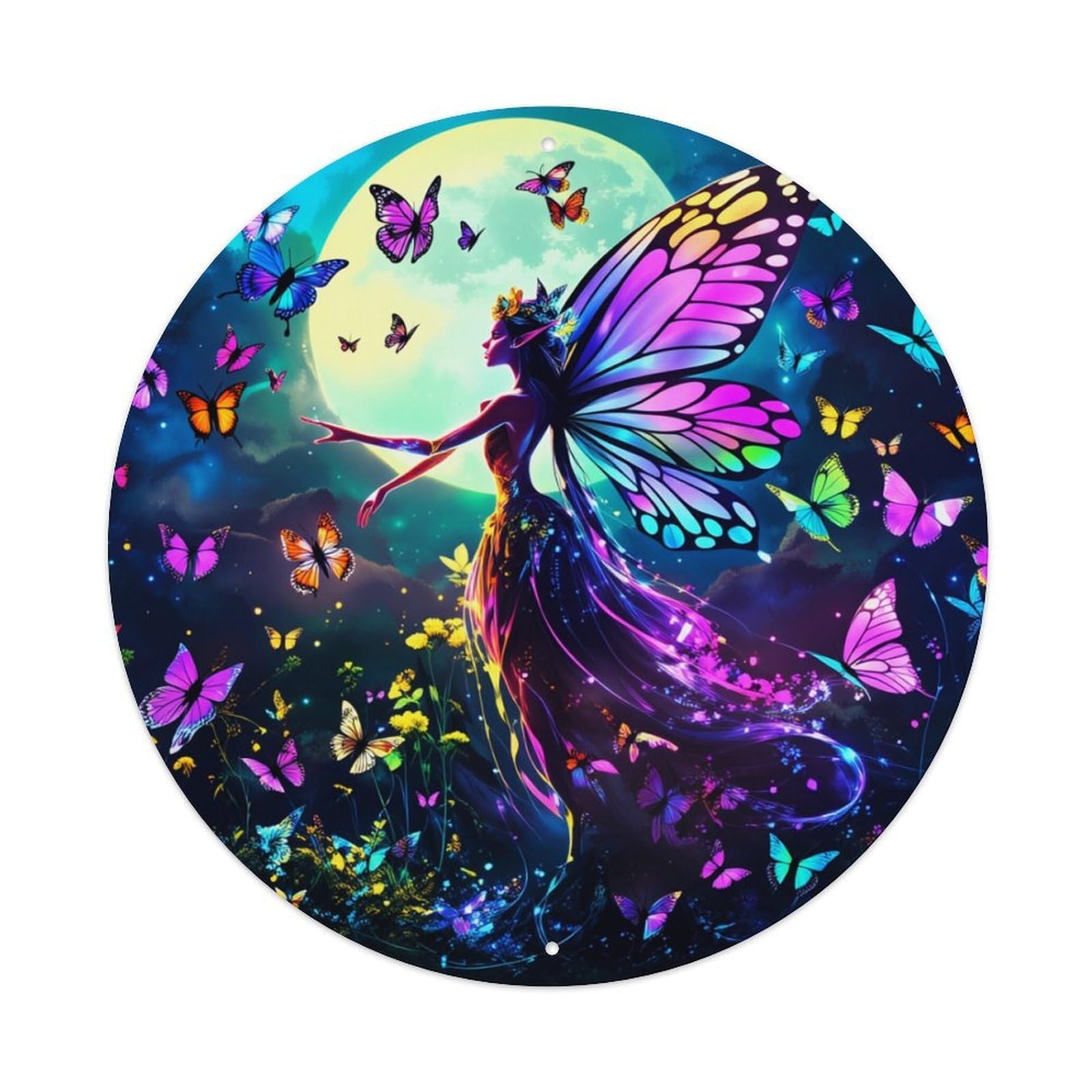 Fairy Butterfly Moonlight Garden Magic Round Tin Sign Retro Metal Sign for Cafe Bar Pub Home Game Room Gym Club Wall Decoration Vintage Metal Poster 8x8 Inch
