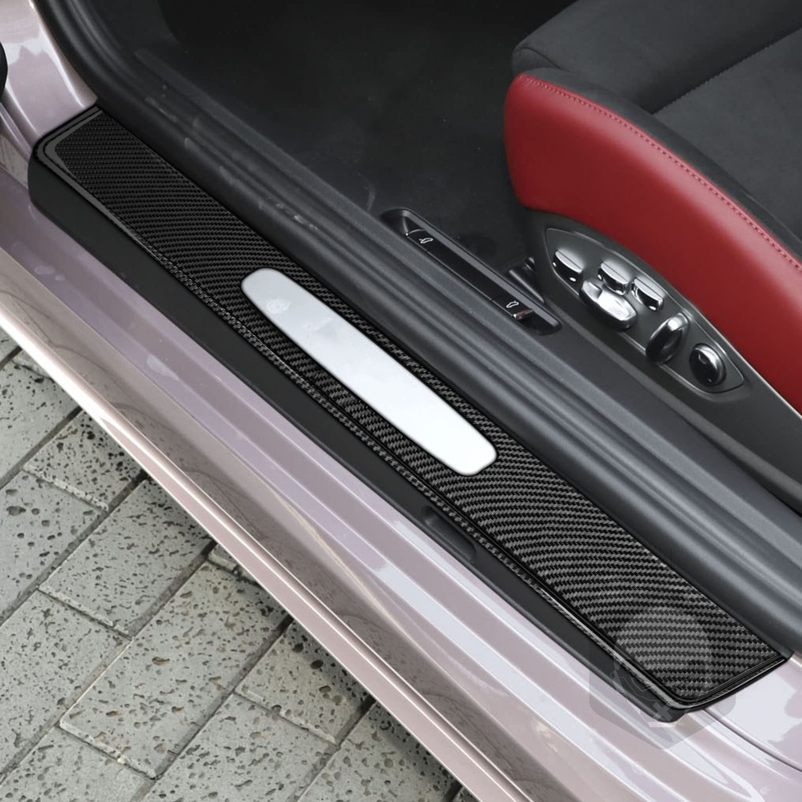 Real Carbon Fiber Car Styling Door Sill Decoration Button Frame Trim Sticker Compatible with Porsche 718 982 2016 2017 2018 2019 2020 2021 2022 Auto Interior Accessories