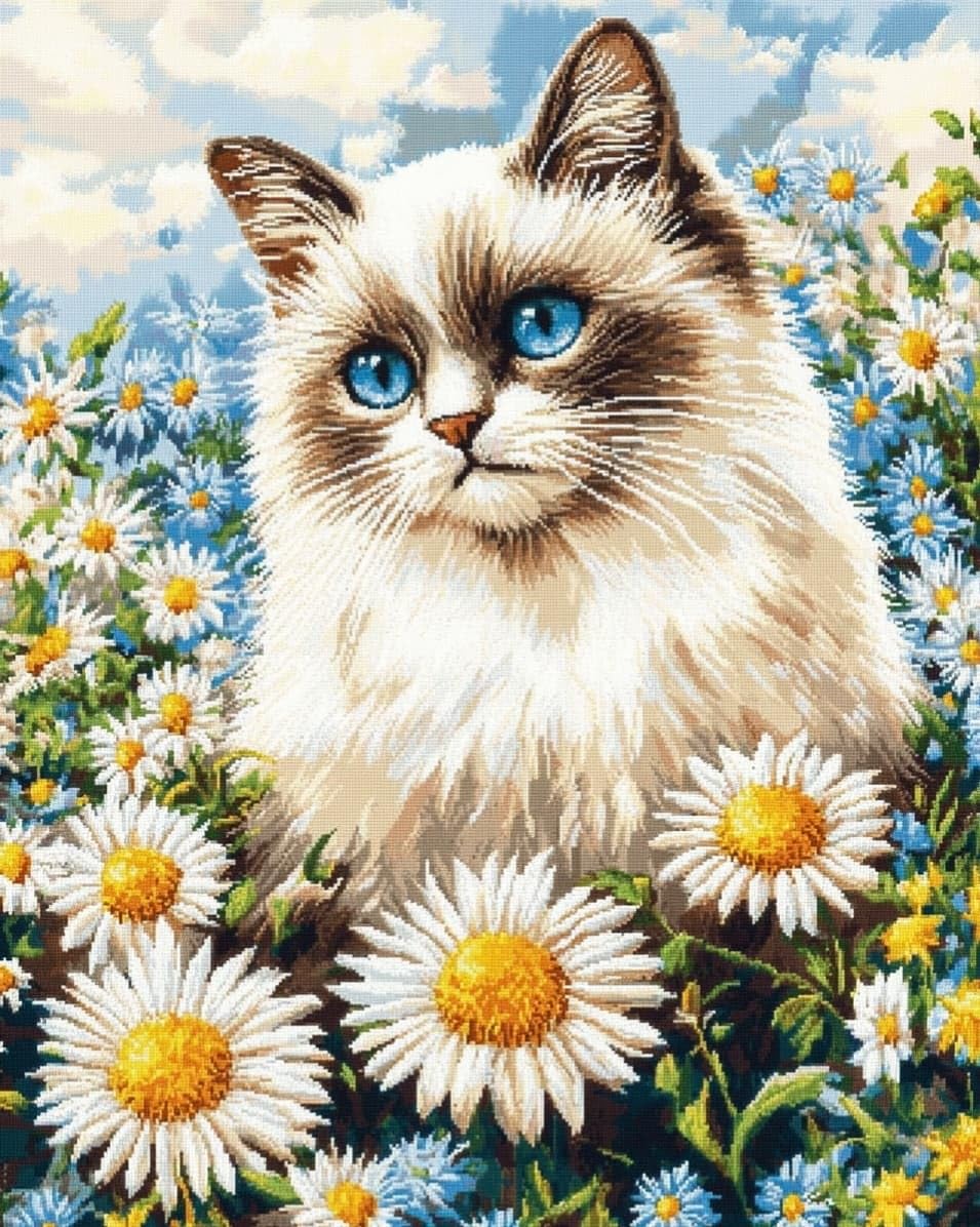 WallustrioaW Cross Stitch Kits,Daisies and Cats,11CT Cross Stitch for Adults,Stamped Cross Stitch Kits Beginner Embroidery for Adults,40x50cm