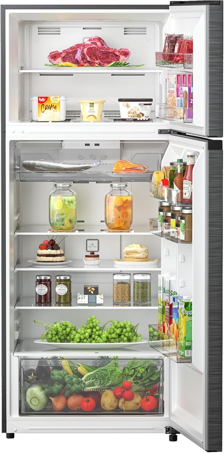 Interior view of Midea MDRT723MTN46D Refrigerator with food items.