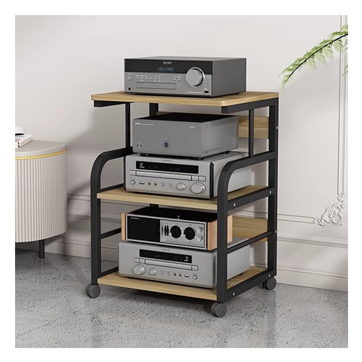 Stojak na sprzęt audio z 3 poziomami, stojak na sprzęt HiFi z kółkami i drewnianymi półkami, ruchoma wieża pod sprzęt audio-wideo do systemów stereo i kin domowych (naturalny) (naturalny 50x40x74