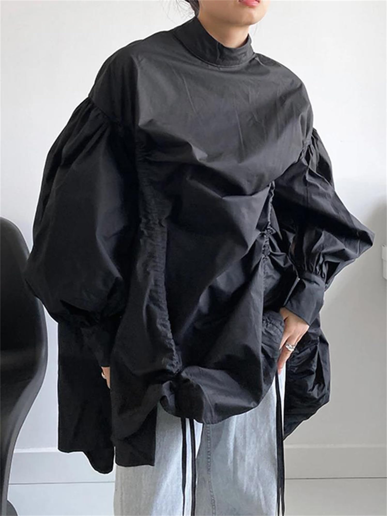 Genérico Blusa Holgada de Manga Larga con Cuello Alto y cordón Irregular para Mujer, Talla Grande, para Oficina y Trabajo (Talla única, Negra)