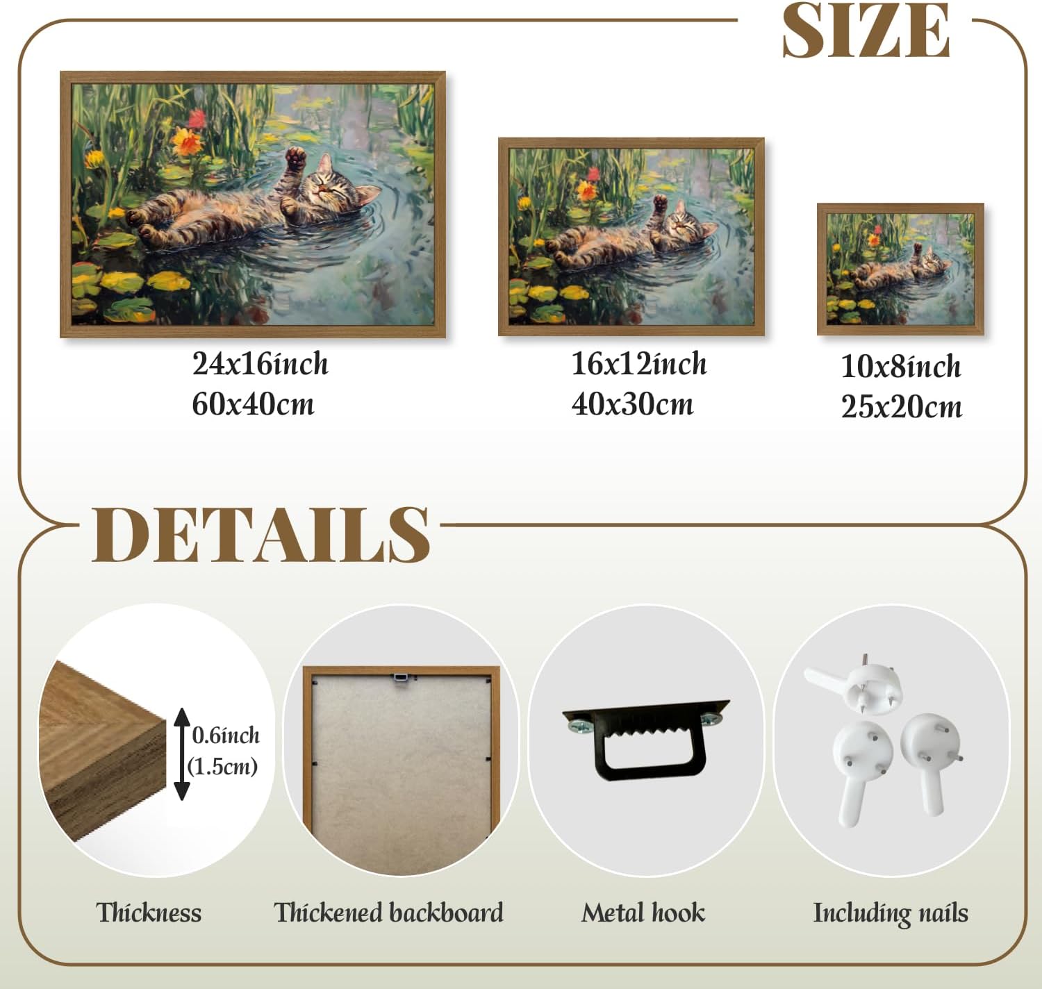 Clicyre Tabby Cat Wall art, Cute Cat Pictures Wall Decor Painting, Orange Cat Canvas Print, Funny Water Lilies Cat Posters for Bathroom Living Room Bedroom Office Home Decor Wood Framed 12x16 Inch