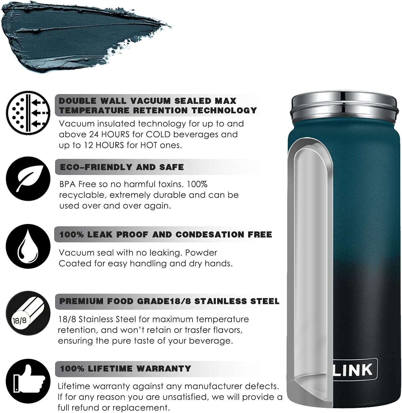 Glink Stainless Steel Water Bottle with Straw, 12-64 oz Wide Mouth Double Wall Vacuum Insulated Water Bottle Leakproof, Straw Lid and Spout Lid with New Rotating Rubber Handle : Home & Kitchen