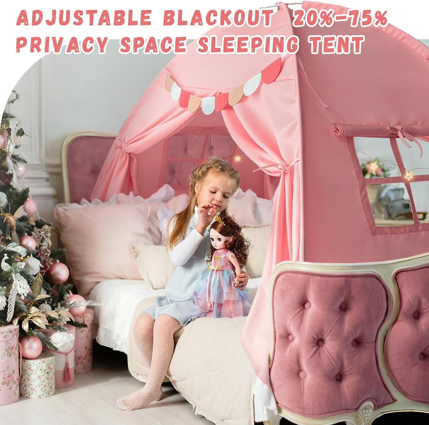 Razee Full Size Bed Canopy for Kids, Girls Bed Tent Dream Privacy Playhouse Floor Sleeping Tents Indoor, Toddler Under Bunk Bed Pink Tent with Pennant Banners, Kid House Toys for Birthday Gift