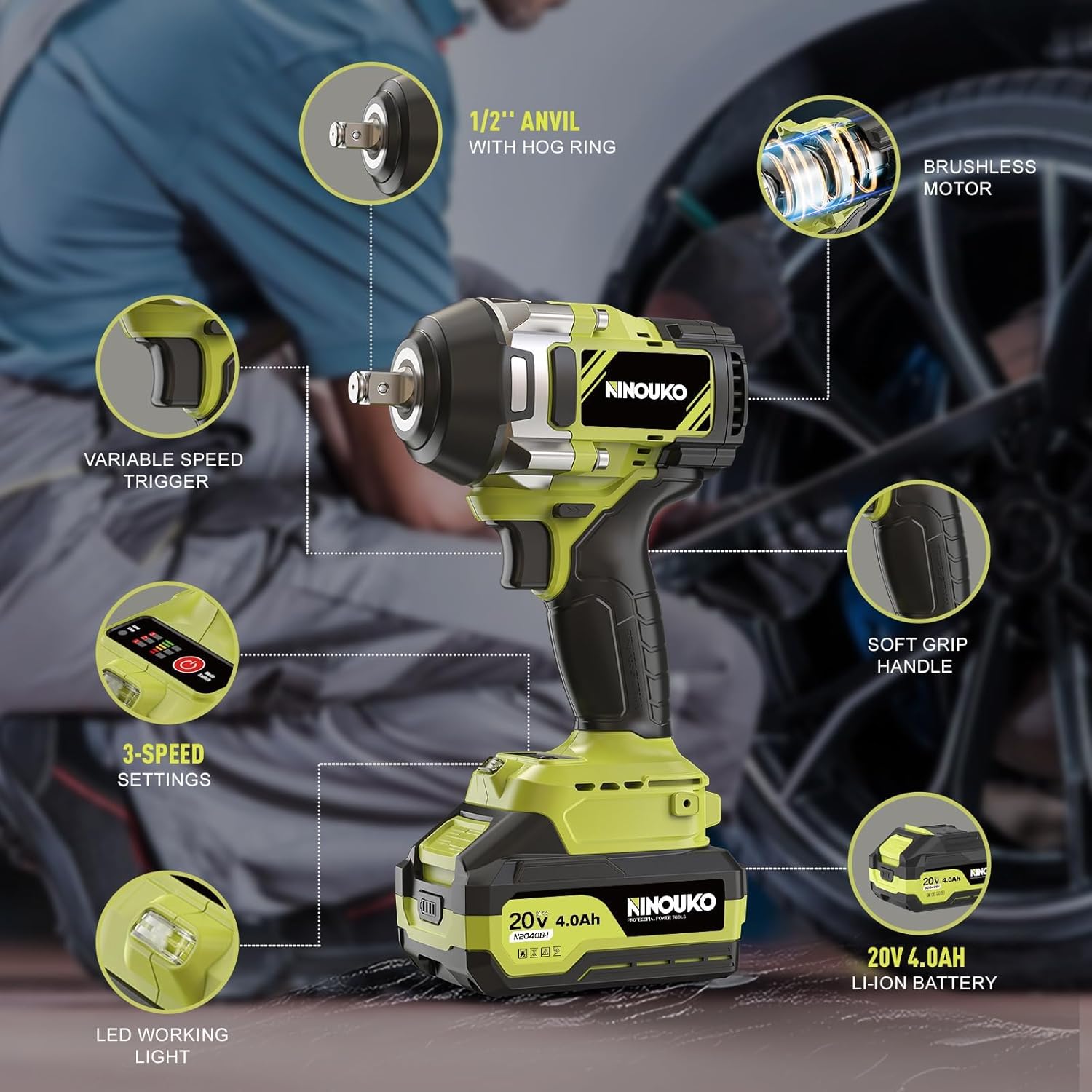 Power Impact Wrenches 1000N.m (740 Ft-Lbs) Brushelss 1/2” Cordless Impact Driver with 2x4.0AH Battery and Charger High Torque Electric Impact Gun 3 Speeds Motor for Car/Pick Up Truck/Mower