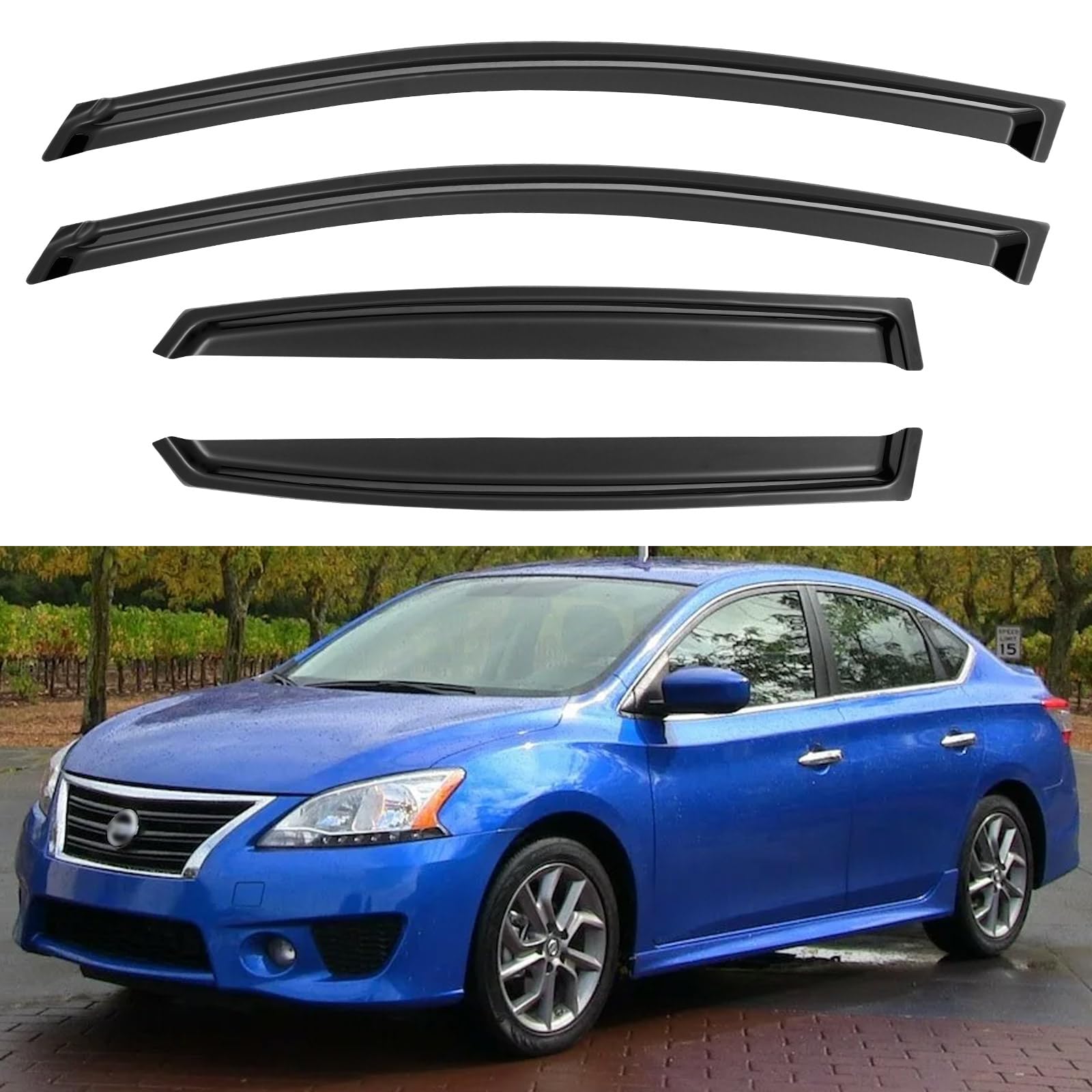 YQAUTEC Window Visors Rain Guards Shield for 2013-2019 Nissan Sentra, Window Wind Deflectors Vent Shades for 13-19 Sentra | Out-Channel Window Vent Wind Deflectors Visors Shades Protectors for 13-19 Nissan Sentra