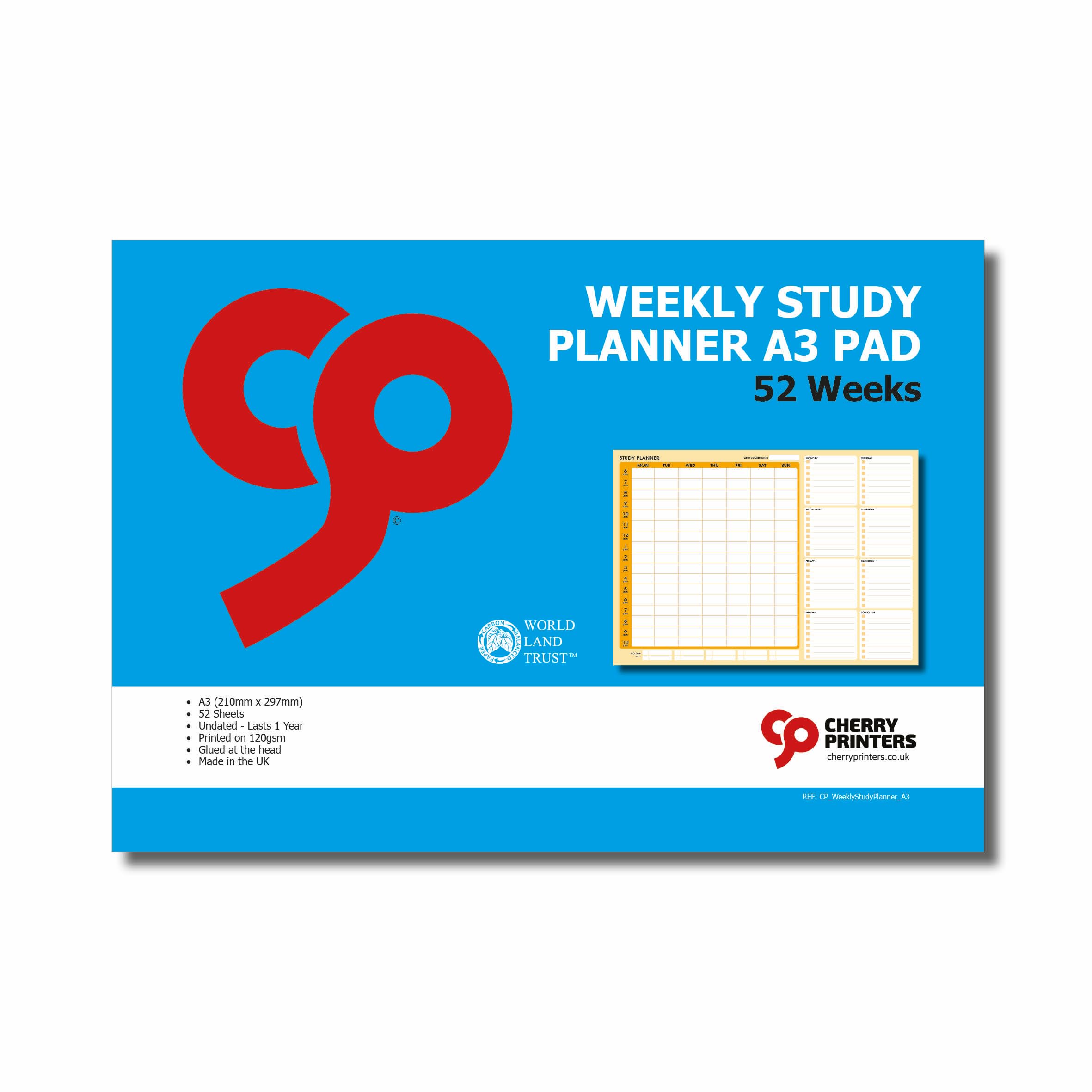 Cherry Printers | A3 Weekly Study Planner Pad | 52 Sheets | Undated Hourly Timetable 6am–10pm | to-Do Lists & Notes | 120gsm Paper | Glued at Top | Ideal for Students | Made in UK