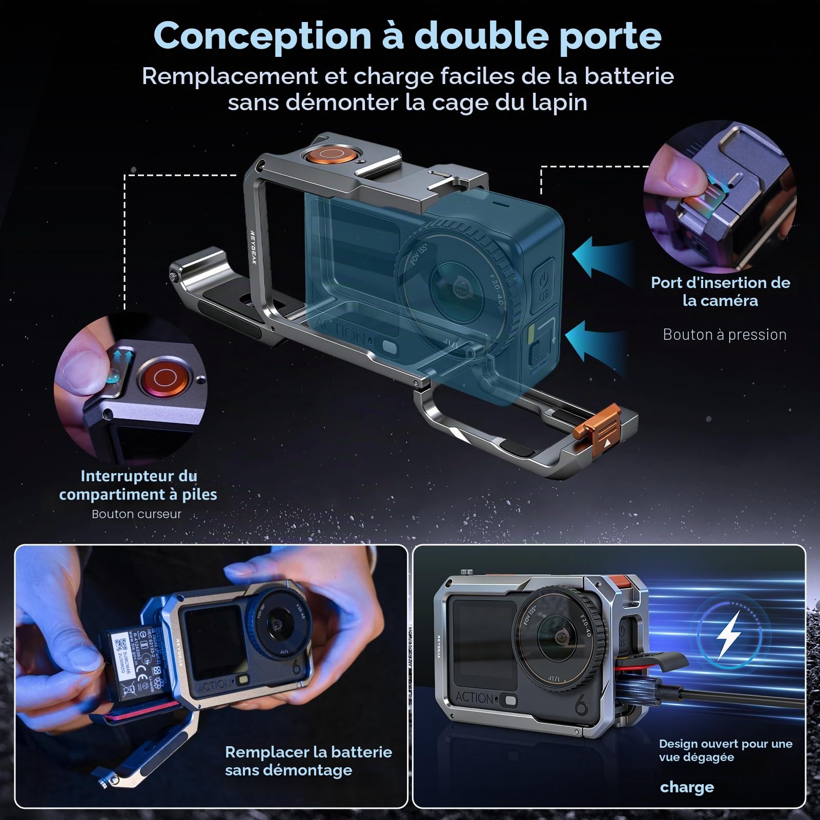 Reygeak Cage en métal ultra légère pour DJI Osmo Action 6, cadre aluminium avec vis 1/4", chaussure froide, support adaptateur dégagement rapide double griffes