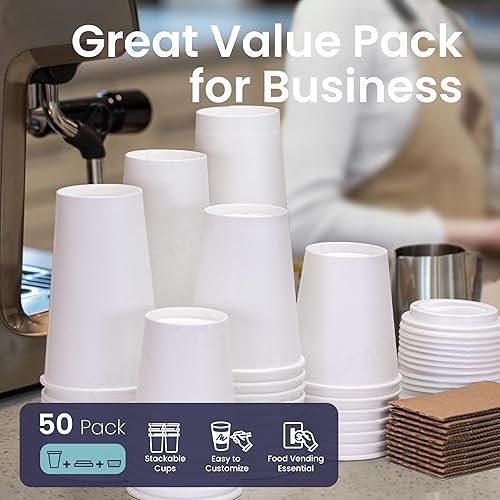 Miniatura 5 de Fit Meal Prep Paquete de 50 tazas de café desechables de 10 onzas con tapas y mangas, tazas de café premium con tapas, taza de papel blanco caliente