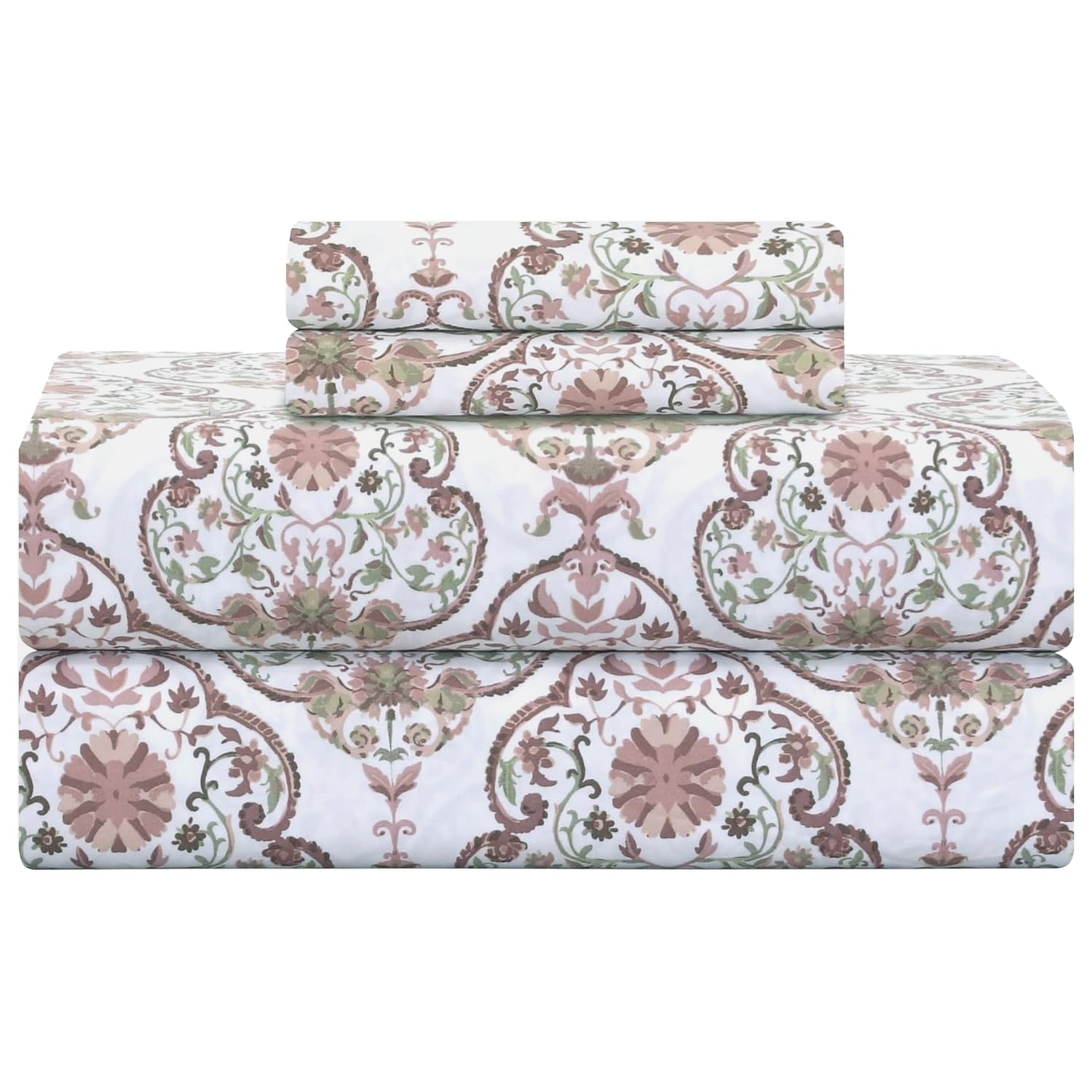 Feather & Stitch Printed 500 TC Queen Size 4pc Damask Bed Sheet Set, 100% Soft Cotton Breathable Bedsheets, 18" Deep Pockets Sateen Weave Striped