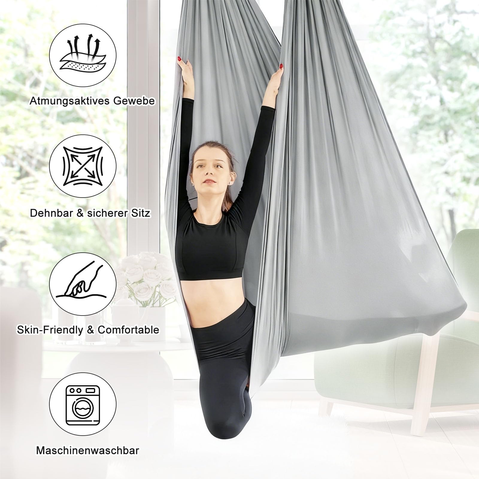 Aerial Yoga Hängematte Set, Nestschaukel, Aerial Yoga Swing Air Fliegen, Indoor Schaukel 200 Kg Max, Yogas-Schaukel Hammock Swing mit Karabiner, Befestigung, Nägel & Zubehör(150x280CM)