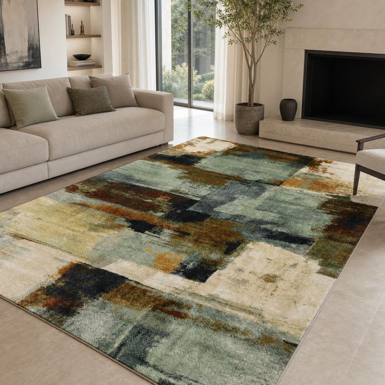 Tappeto Salotto Moderno Astratto Verde Salvia, Beige e Marrone, Lavabile in Lavatrice e Antiscivolo TPR, Pelo Corto Morbido per Soggiorno e Camera da Letto (200 x 300 cm)