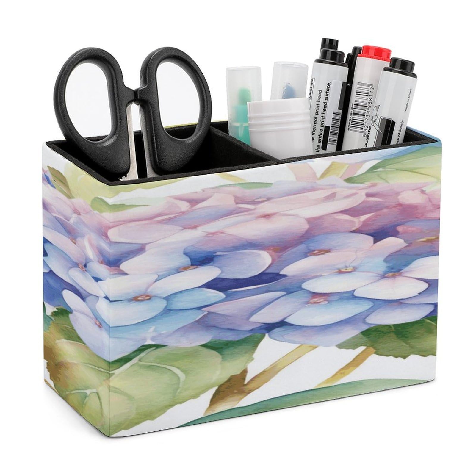 VstaDank Hydrangea Watercolor Pencil Holder for Desk Organizer 2 Compartments Pen Cup Leather Square Pen Holder Pencil Cup Stand Makeup Brush Holders for Desktop Organizer Storage Case
