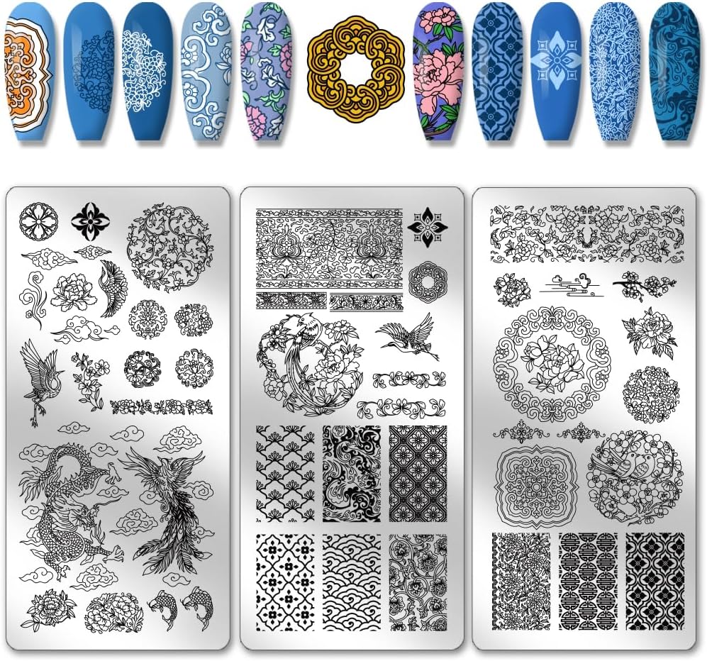 PH PandaHall 3pcs Chinese Porcelain Nail Stamping Plates Dragon Phoenix Patterns Nail Art Templates Pottery Texture Nail Art Stencils Flower Nail Image Plates for Nail Design Salon Chinese New Year