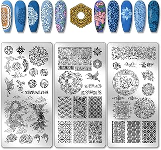 PH PandaHall 3pcs Chinese Porcelain Nail Stamping Plates Dragon Phoenix Patterns Nail Art Templates Pottery Texture Nail Art Stencils Flower Nail Image Plates for Women Nail Design Salon 4.7x2.3 Inch