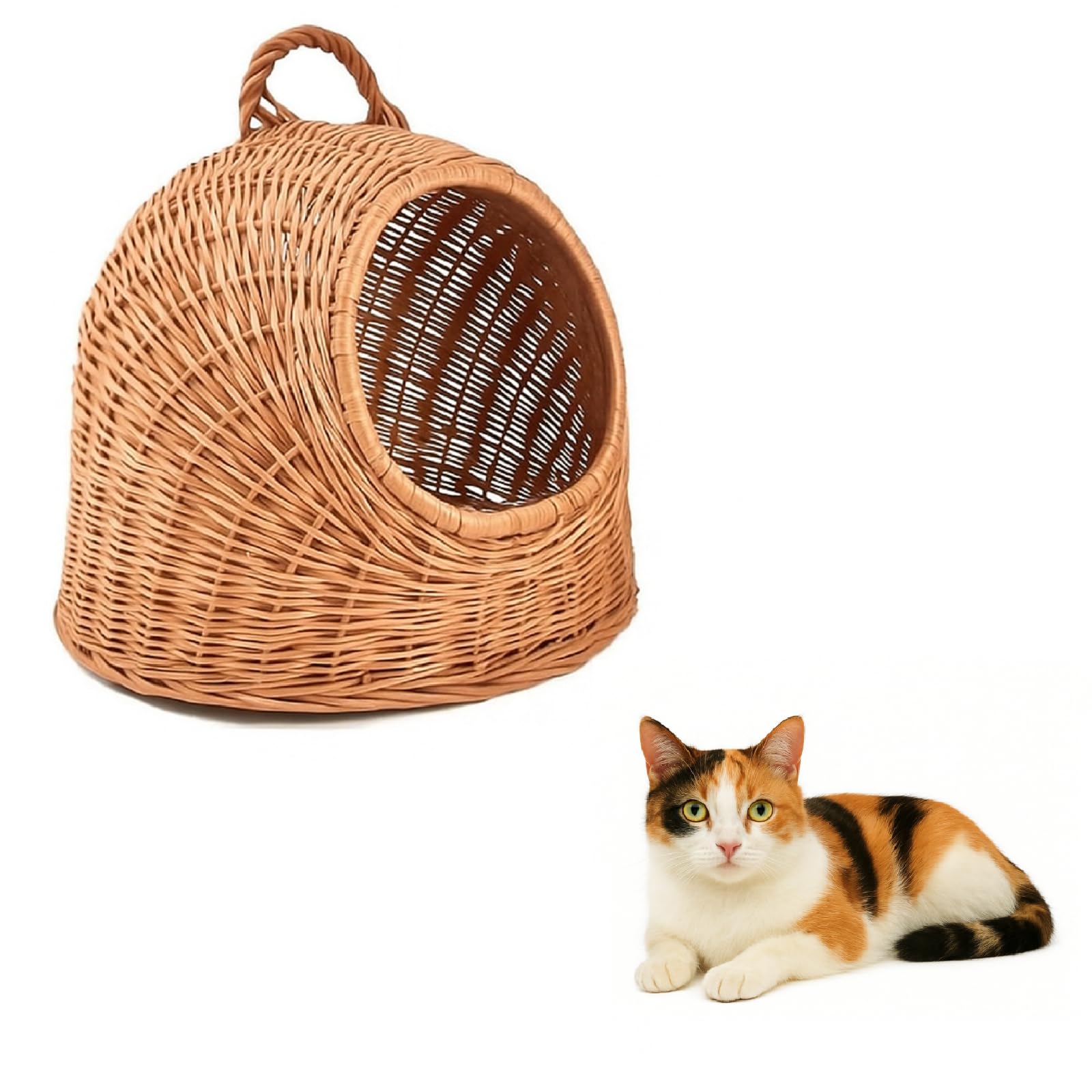 QLS Cesta vimini per cane/gatto 40 x 34 x 35 cm con manico | Rifugio naturale per gatti e cani piccoli, intrecciato a mano in vimini con pratica maniglia