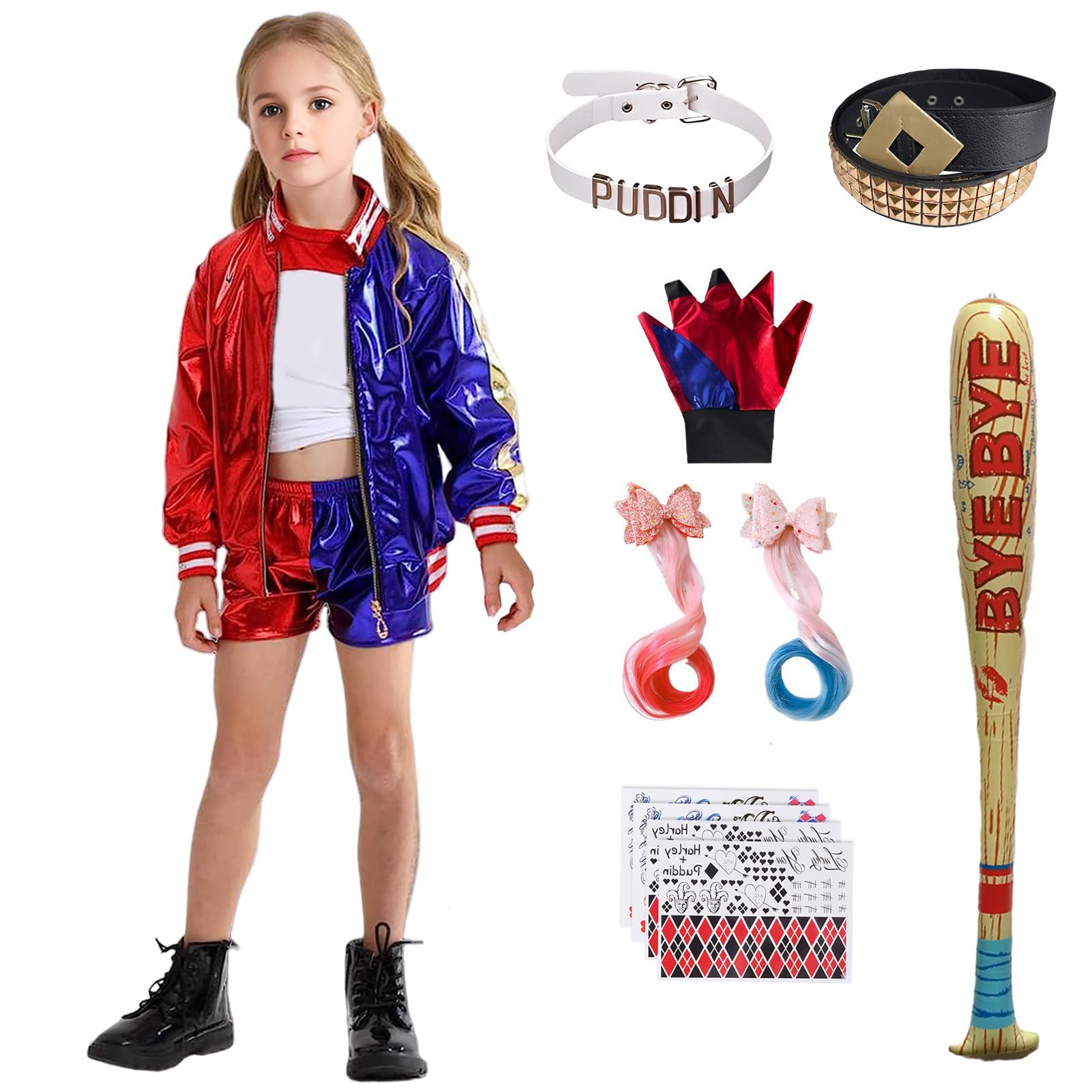 Ficlwigkis Halloween Costume Women Girls Kids,Fancy Dress with Jacket T-Shirt Shorts Gloves Necklace Belt Wig Tattoo (Kids-02, 140)