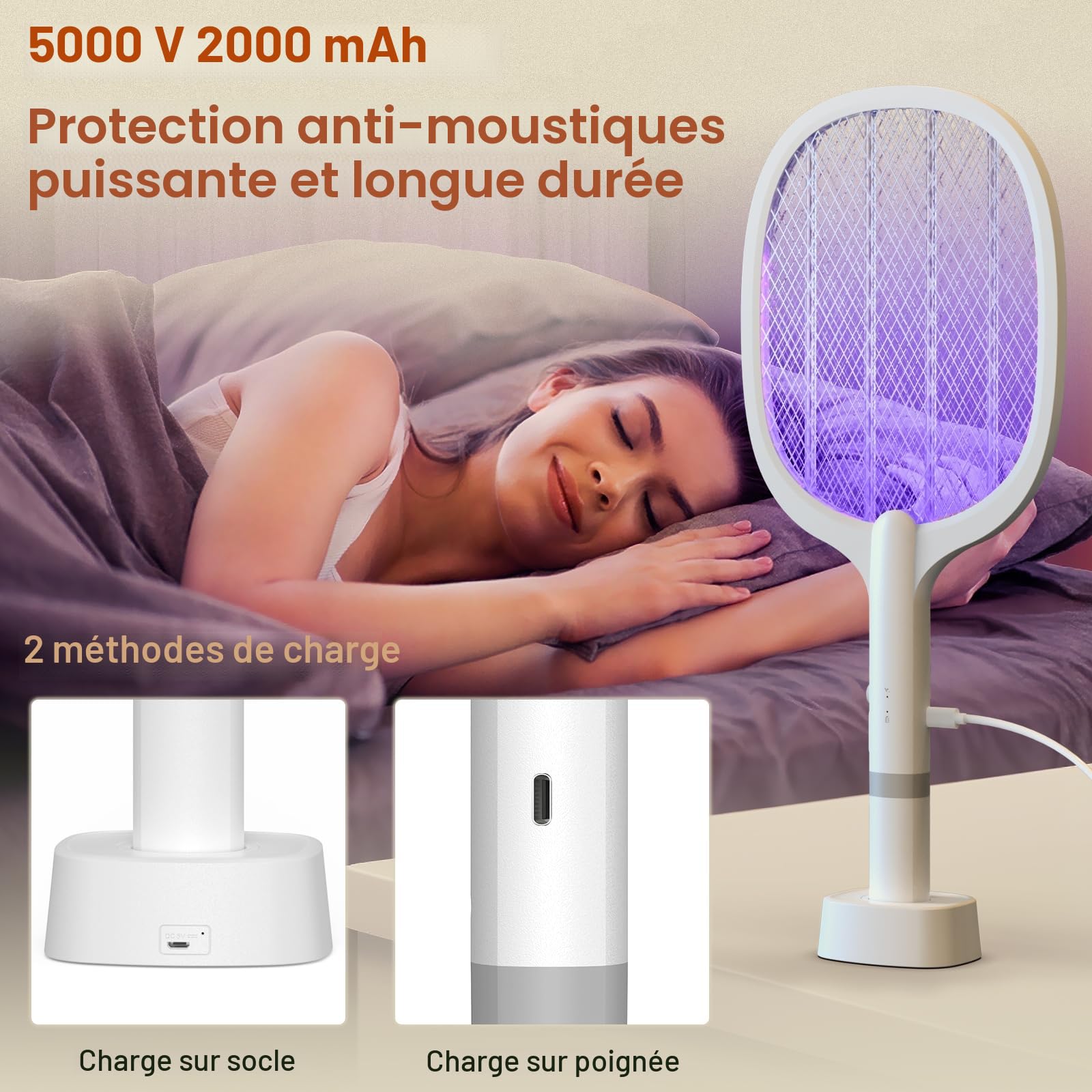 Raquette Electrique Insectes 5000V 2000 mAh Tapette à Mouches USB C 2 en 1 Anti-Moustiques