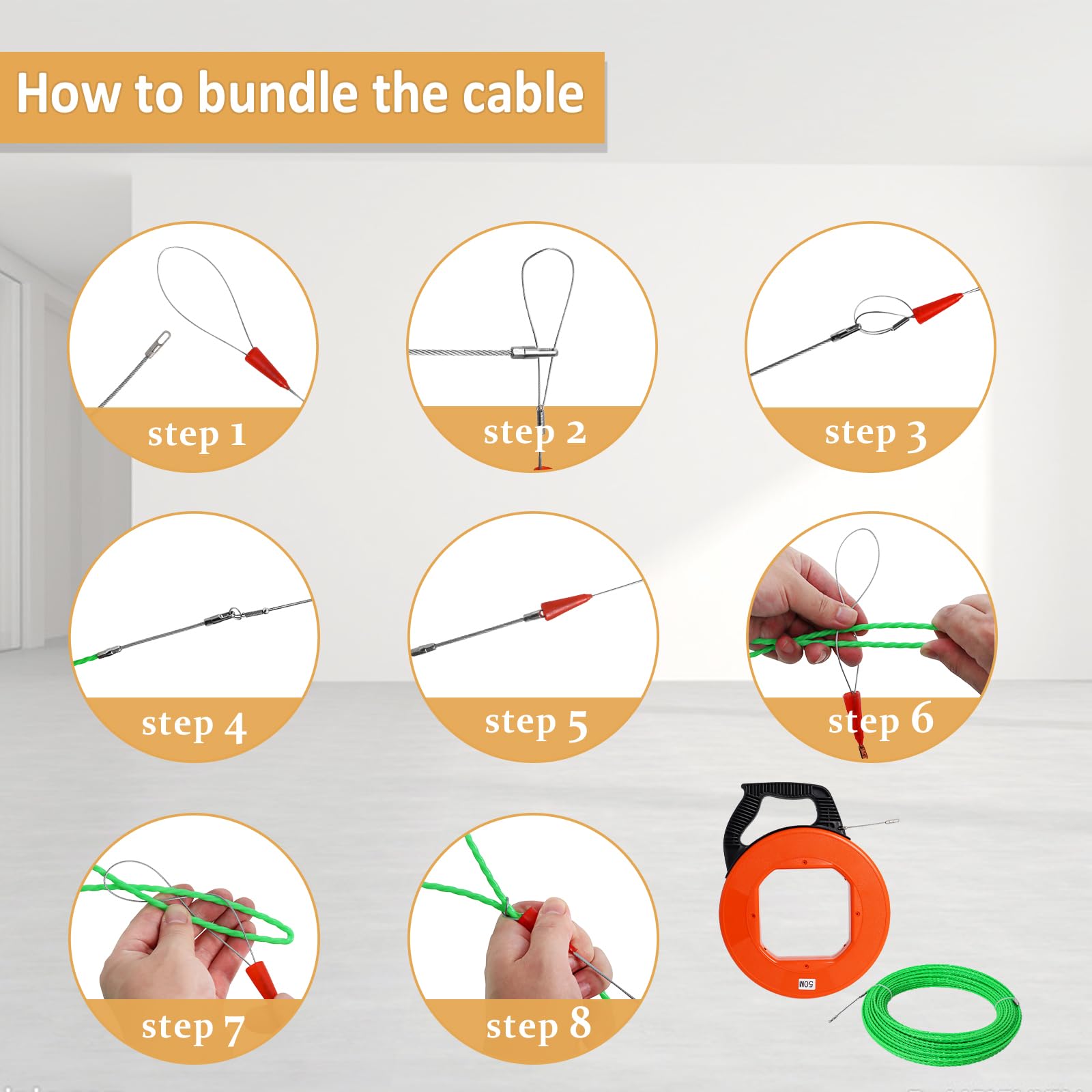 Ayuda cuesta arriba de cable de carbón 50m, 4.5 mm, tirar de la espiral con 2 resortes de guía, alambre de tren con carcasa de plástico y manija, pull en resorte para el cable (naranja)
