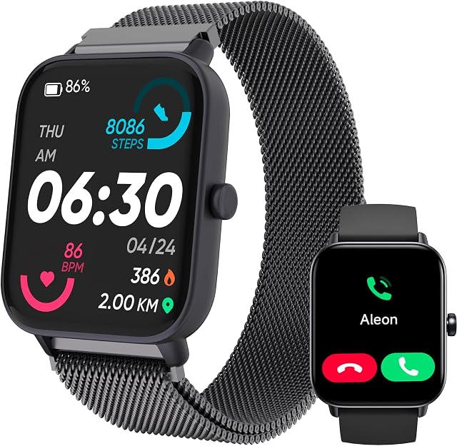TOOBUR Męski / damski smartwatch z Alexą i krokomierzem, 1,8" Smartwatch z 100 sportami, odpowiadaj na połączenia i miernik cardio, wodoodporny IP68, kompatybilny z iOS i Androidem, czarny metal