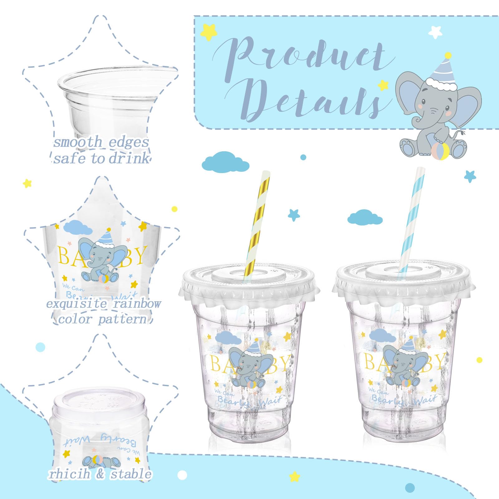 Xuelimei Baby Shower Party 12 oz Disposable Plastic Cup with Lids Elephant Cups Baby Shower Table Decorations Baby Shower Party Disposable Clear Plastic Cups for Party Favors (50, Blue)