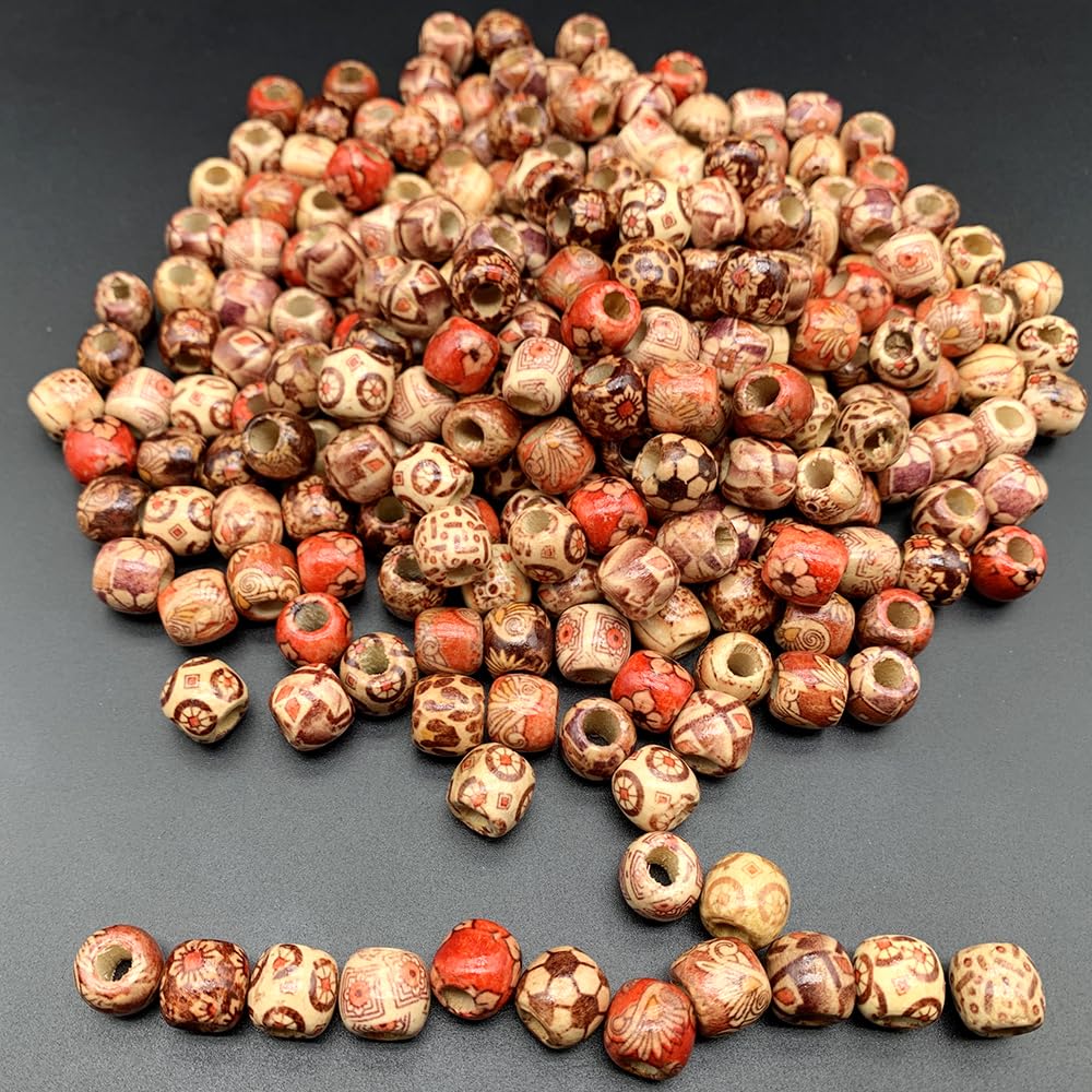 400Pcs Large Hole Barrel Wood European Loose Beads Mixed Painted Drum Wood Spacer Beads 11-12mm Dreadlock Hair Braid Beads for Hair, Jewelry Making,