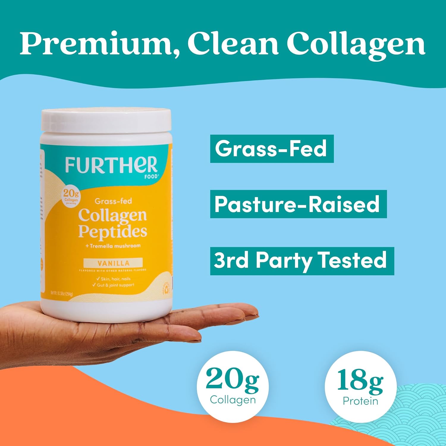 Further Food Vanilla Collagen Peptides Powder with Tremella Mushroom – 100% Grass-Fed, Hydrolyzed Type 1 & 3, 20g of Collagen per Serving, Supports Skin, Hair, Nails & Joints, 10.37 Oz - Image 3