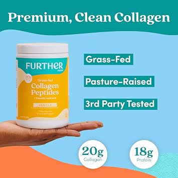 Further Food Vanilla Collagen Peptides Powder with Tremella Mushroom 100% Grass-Fed, Hydrolyzed Type 1 & 3, 20g of Collagen per Serving, Supports Skin, Hair, Nails & Joints, 10.37 Oz