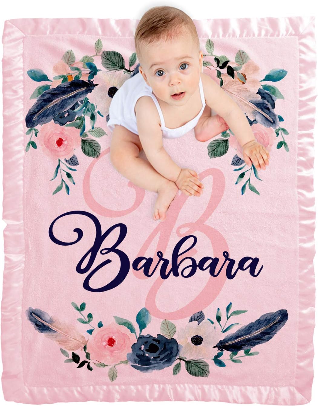 Baby Blanket for Girls 30x40 in (Pink) Customized with Name Personalized Monogram for Newborns and Infant in Floral Girl Navy Indigo Blue and Pink with Satin Trim