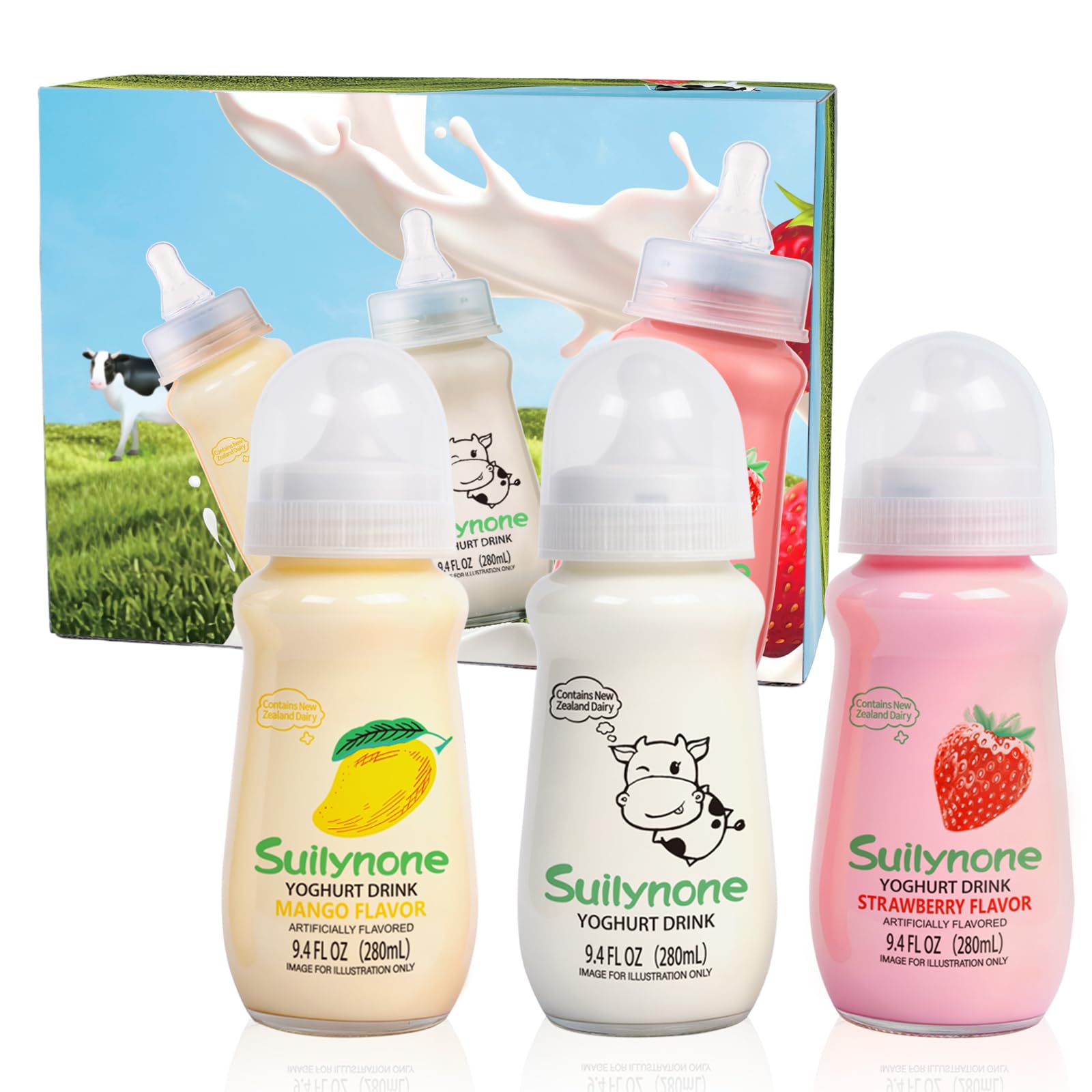 Photo 1 of *FACTORY SEALED* 280ml Yogurt Drink Reusable Glass Bottle, 3-Pack Mixed Flavors Drinkable Yogurt - Fun Gift Box, Birthday & Holiday Present.
