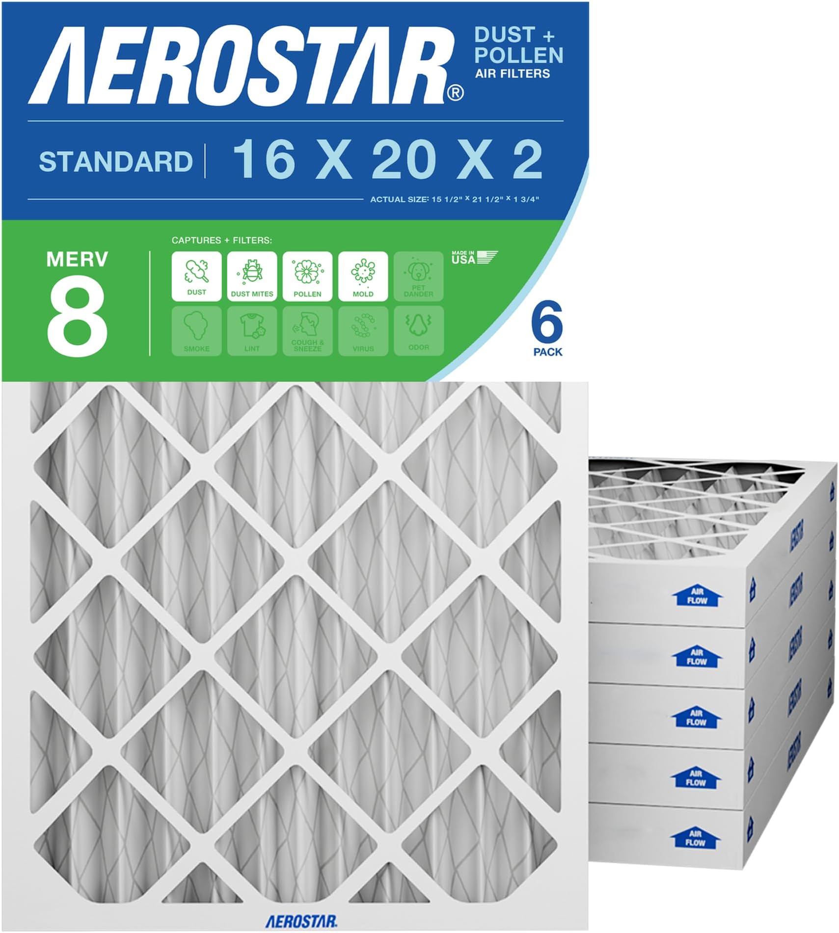 Aerostar 16x20x2 MERV 8 Air Filter, 6 Count, ACTUAL SIZE (15.50 x 19.50 x 1.75 ), HVAC, Air Conditioning & Furnace Filter Captures Dust, Lint & Pollen (MPR 600 / FPR 5)