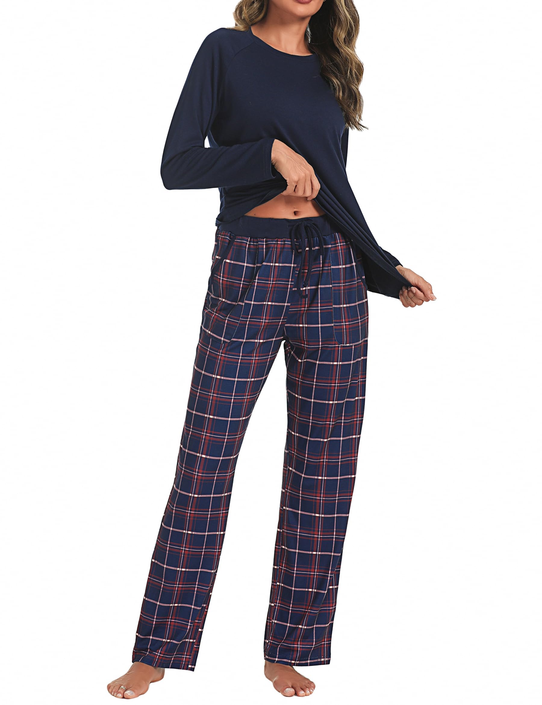 Uniexcosm Pigiama Donna, Pigiama a Quadri Donna Lungo Pigiama da Donna Cotone Leggero con Girocollo Pigiama 2 Pezzi Donna con Tasca Sciolto Accogliente per Casa e Casuale