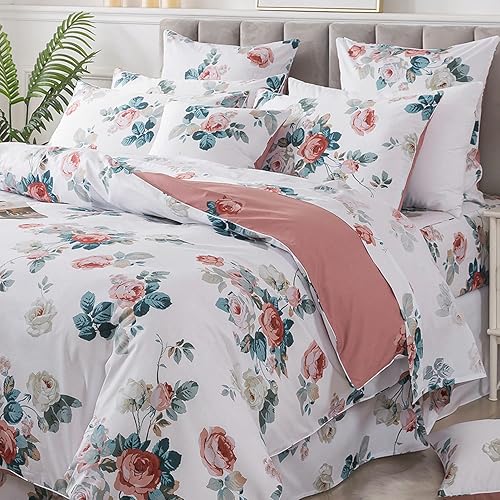 Miniatura 8 de FADFAY Juego de funda de edredón tamaño individual, 100% algodón, 600 hilos, estampado de flores rosas rosas, color blanco, reversible, con