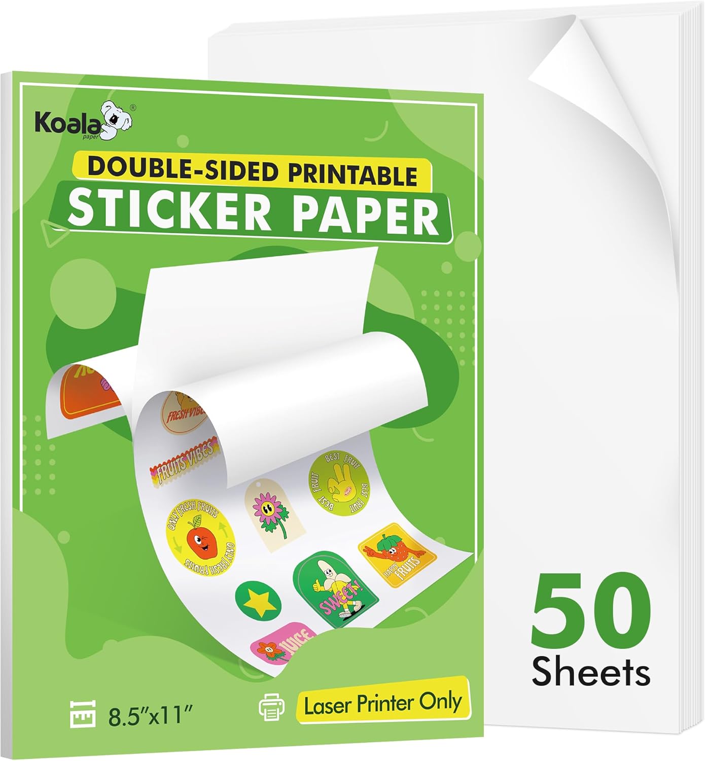 Koala Printable Sticker Paper for Laser Printers, 50 Sheets Semi Gloss Label Sticker Paper, 8.5x11 inch