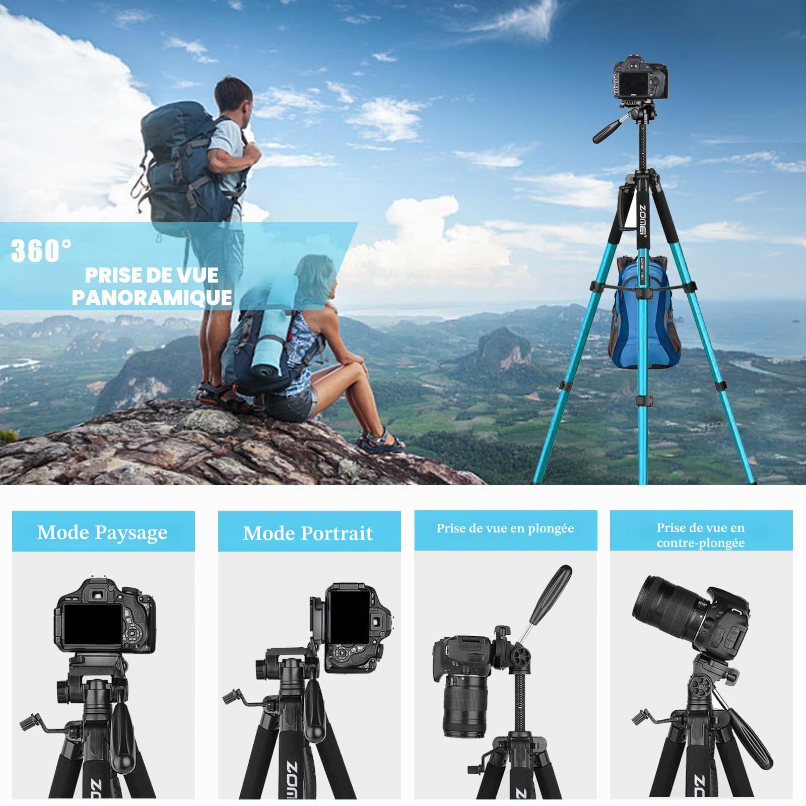 ZOMEi Trépied de Voyage Robuste de 188 cm - Trépied vidéo de Voyage Professionnel Compatible avec appareils Photo Reflex numériques, téléphones Portables, projecteurs, Jumelles, Lunette d'observation